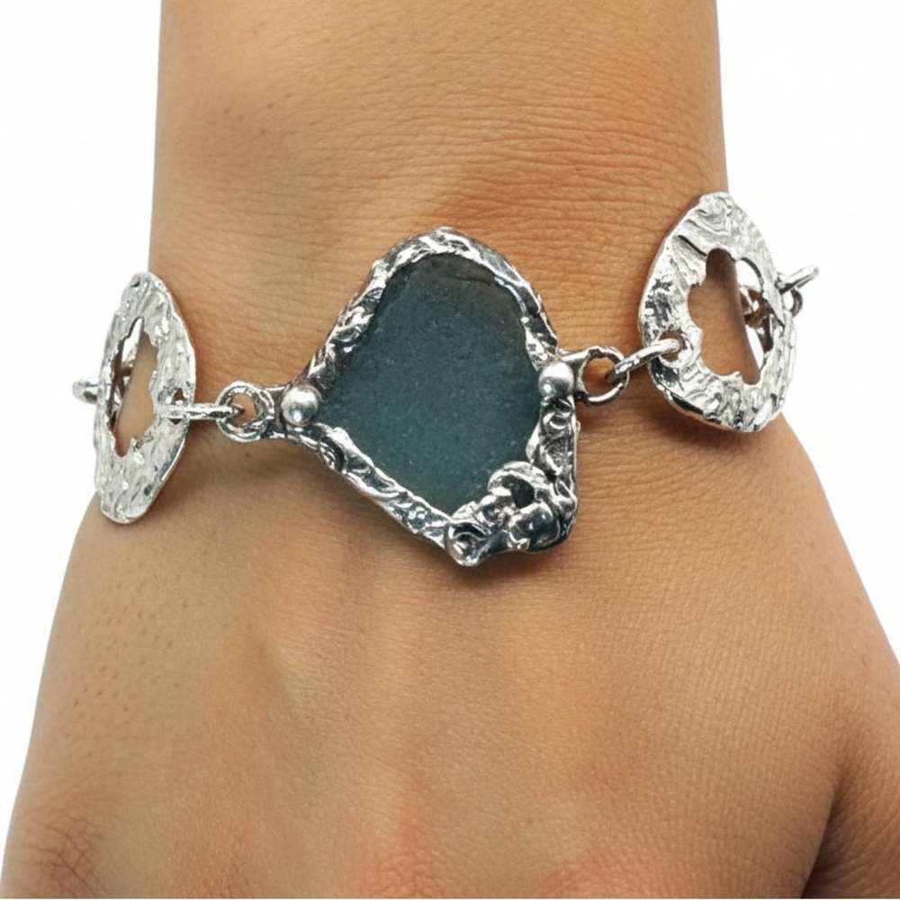 Sea Glass & Silver Cutout Bracelet - Boho Metalwork Adjustable Closure - Picture 1 of 16